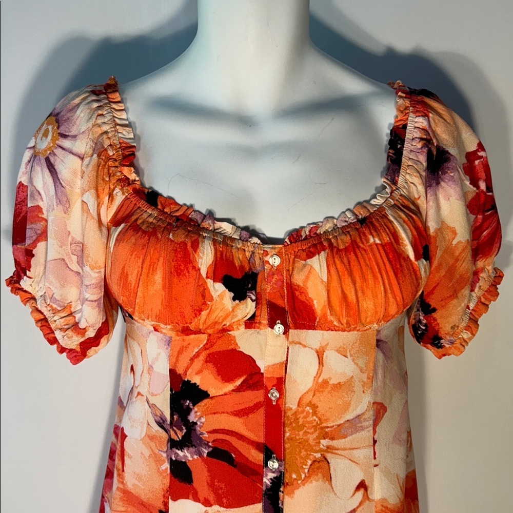 H&M SZ M Abstract Coral Floral Midi Dress Milkmaid Romantic Cottage Art to Wear - Picture 3 of 10